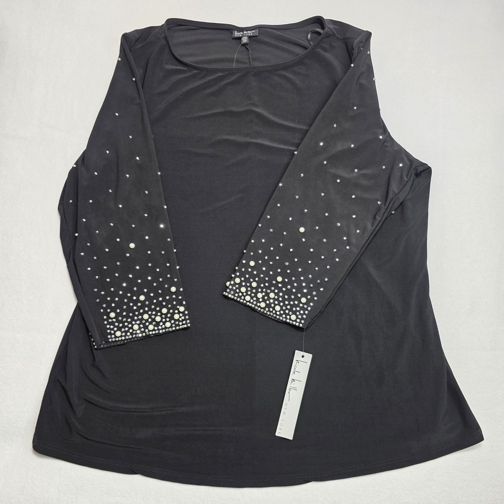 Nicole Miller New York Black Pearl Rhinestone Embellished Sleeve Top 2X NWT